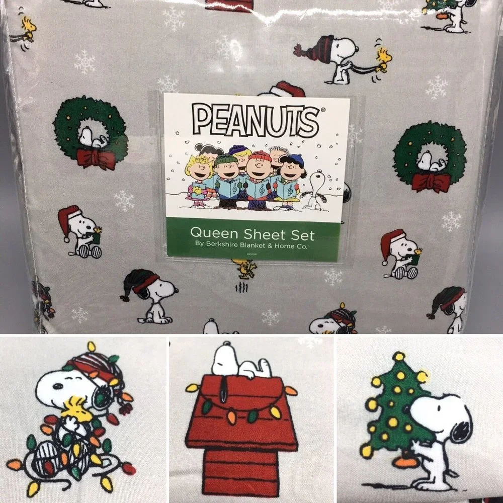 4pc Berkshire Peanuts Christmas QUEEN Sheet Set Snoopy Woodstock Snowflakes Gray